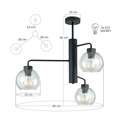 Hanglamp met vaste pendel FLEX 3xE27/60W/230V zwart/doorzichtig