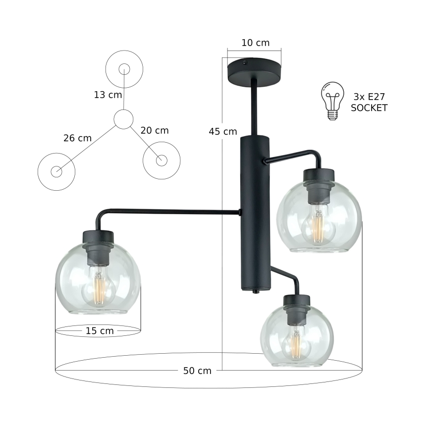 Hanglamp met vaste pendel FLEX 3xE27/60W/230V zwart/doorzichtig