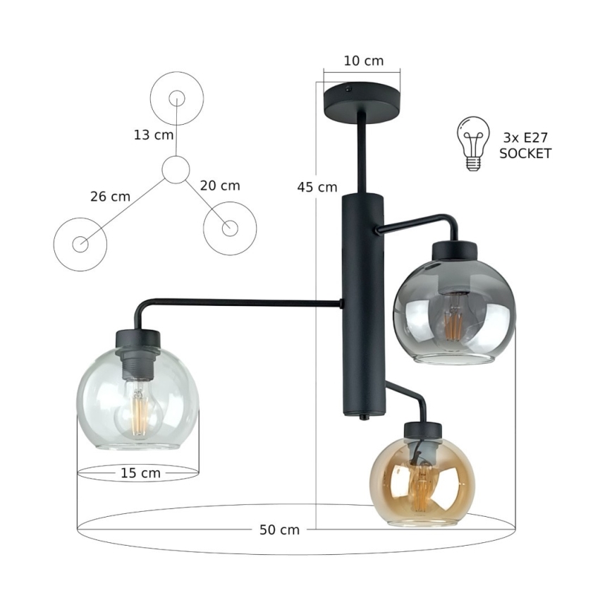 Hanglamp met vaste pendel FLEX 3xE27/60W/230V zwart/gerookt zwart/gerookt beige/doorzichtig