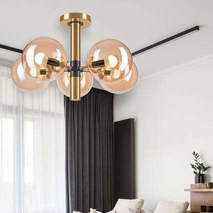 Hanglamp met vaste pendel ROLLO 5xE14/5W/230V goud/gerookt beige