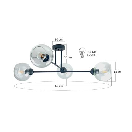 Hanglamp met vaste pendel VASCO 4xE27/60W/230V zwart/doorzichtig