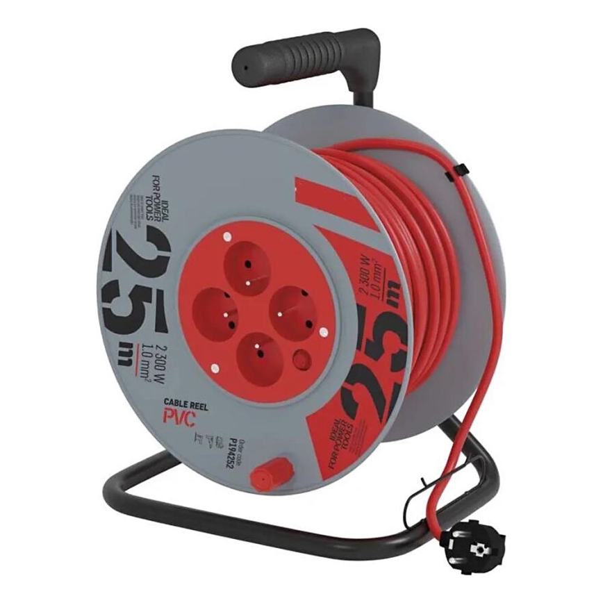 Haspel met 4 stopcontacten 25m grijs/rood