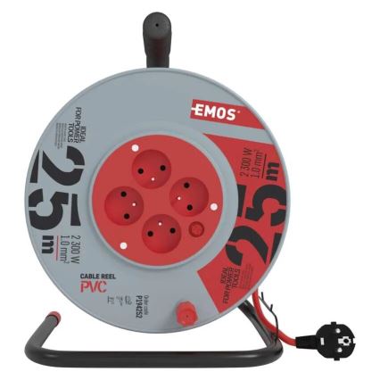 Haspel met 4 stopcontacten 25m grijs/rood