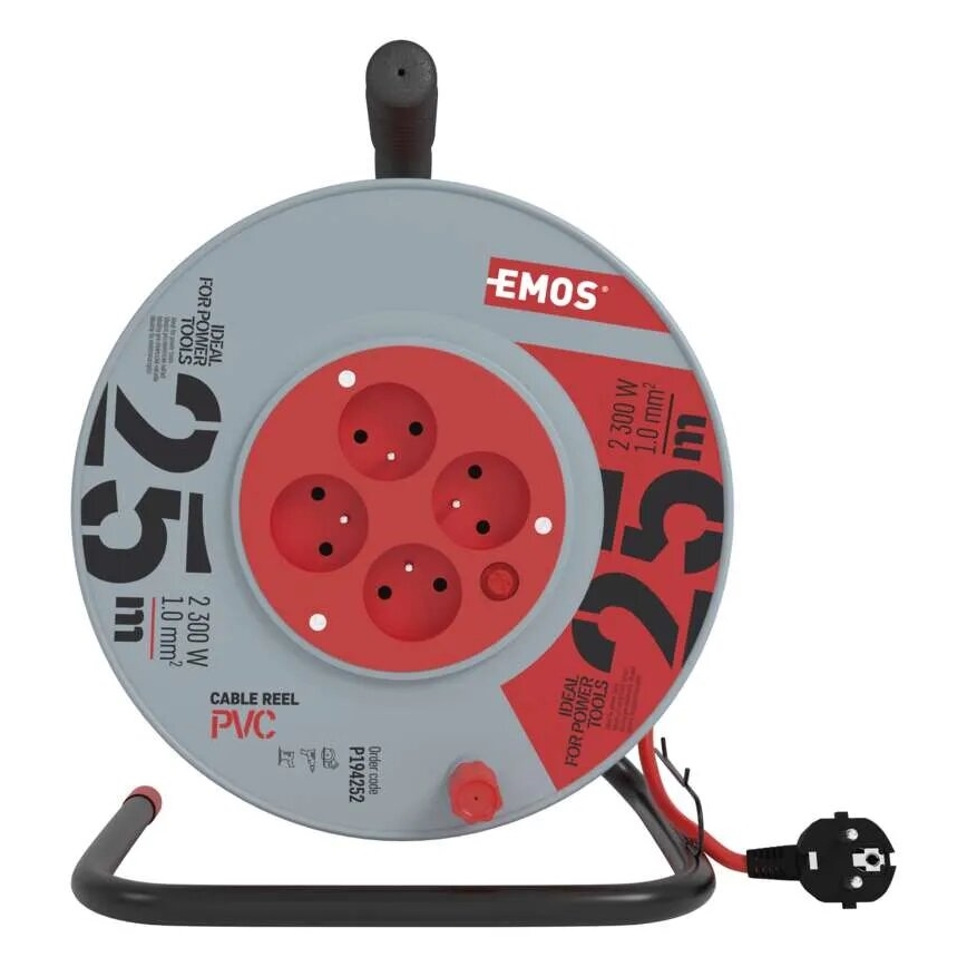 Haspel met 4 stopcontacten 25m grijs/rood