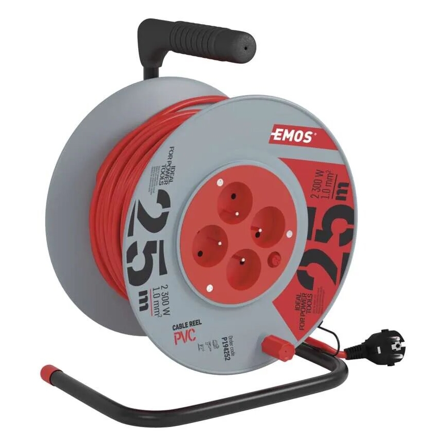 Haspel met 4 stopcontacten 25m grijs/rood