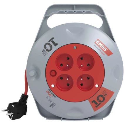 Haspelverlengsnoer met 4 stopcontacten, 10 m, grijs/rood