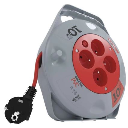 Haspelverlengsnoer met 4 stopcontacten, 10 m, grijs/rood