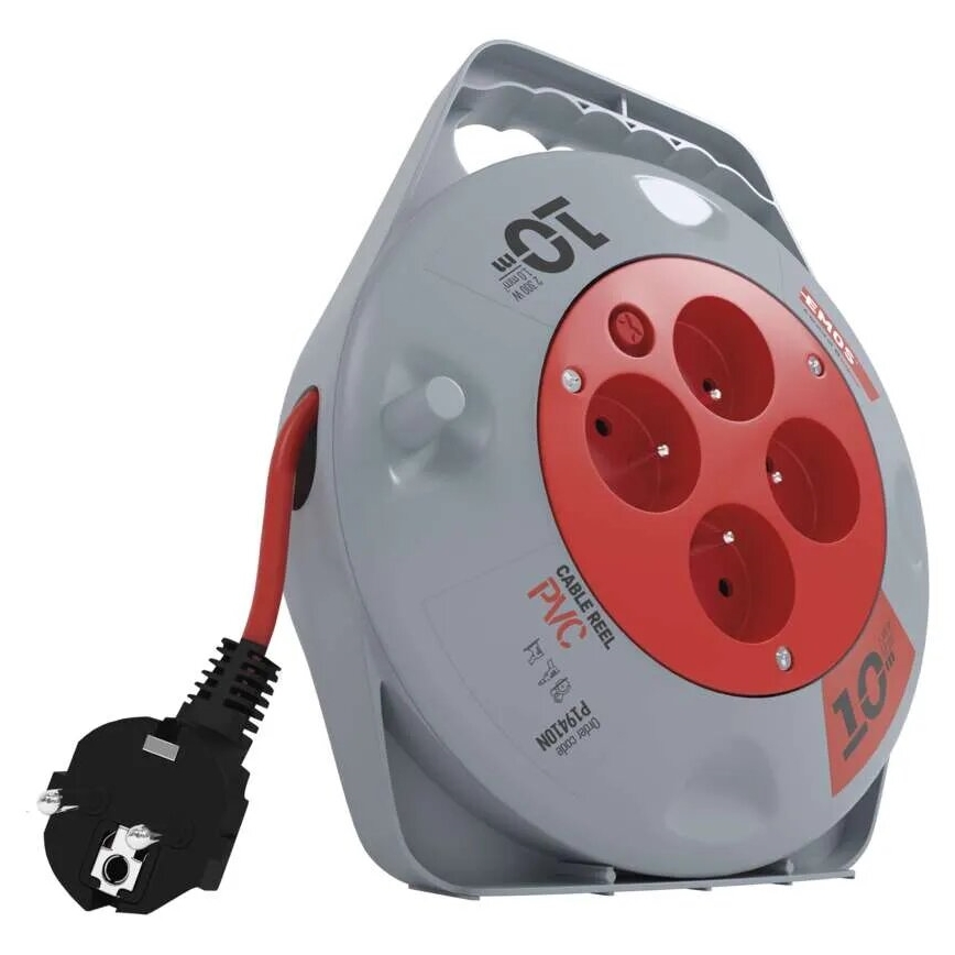 Haspelverlengsnoer met 4 stopcontacten, 10 m, grijs/rood