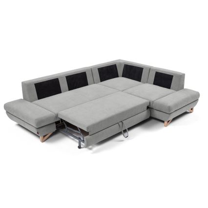 Uitklapbare gestoffeerde L-hoekbank AVESTA met opbergruimte, rechts, grijs
