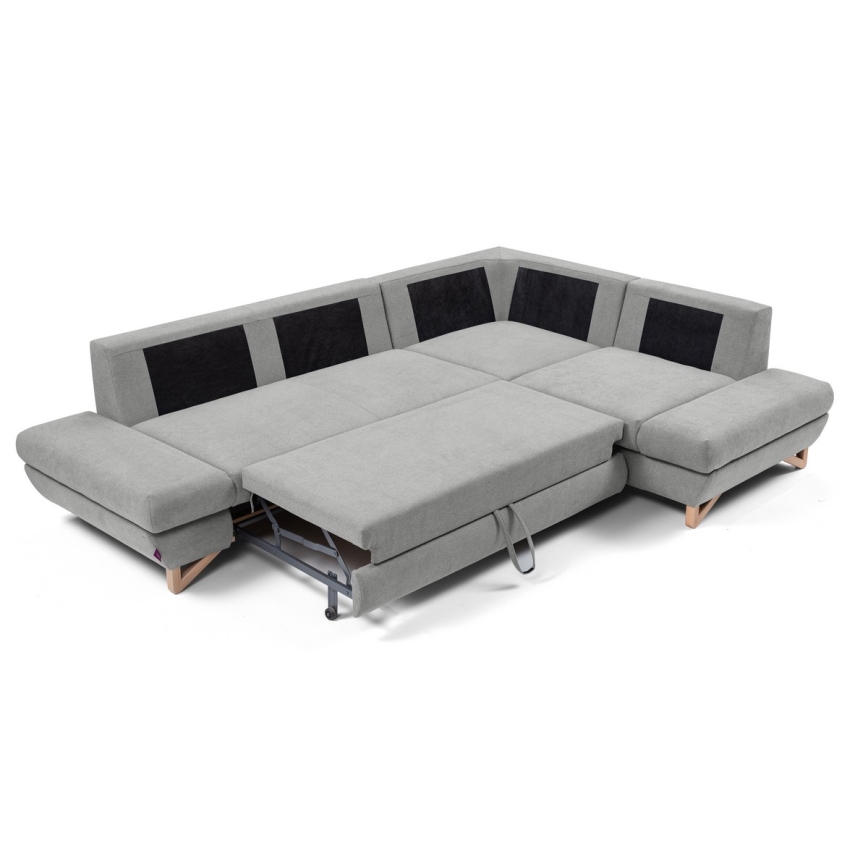 Uitklapbare gestoffeerde L-hoekbank AVESTA met opbergruimte, rechts, grijs