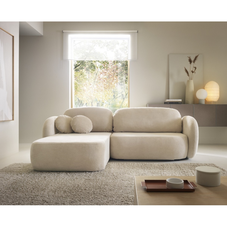 Hoekbank met slaapfunctie en opbergruimte in L-vorm OLBIA links beige