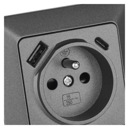 Huishoudelijke wandcontactdoos met USB-A+USB-C, Frans, 250V/16A, antraciet