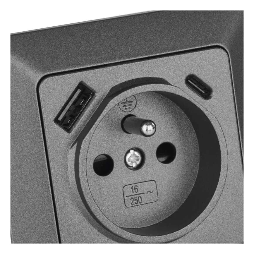 Huishoudelijke wandcontactdoos met USB-A+USB-C, Frans, 250V/16A, antraciet