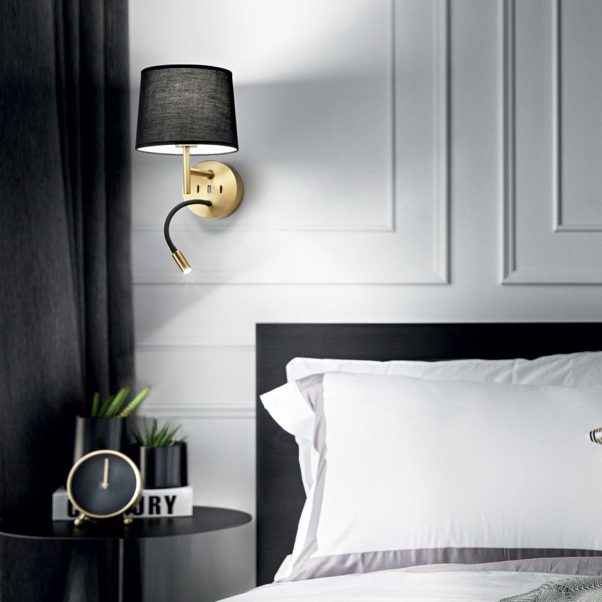 Ideal Lux - LED Flexibel lamp met een houder SET 1xE27/42W + LED/3W/230V CRI 90 USB goud