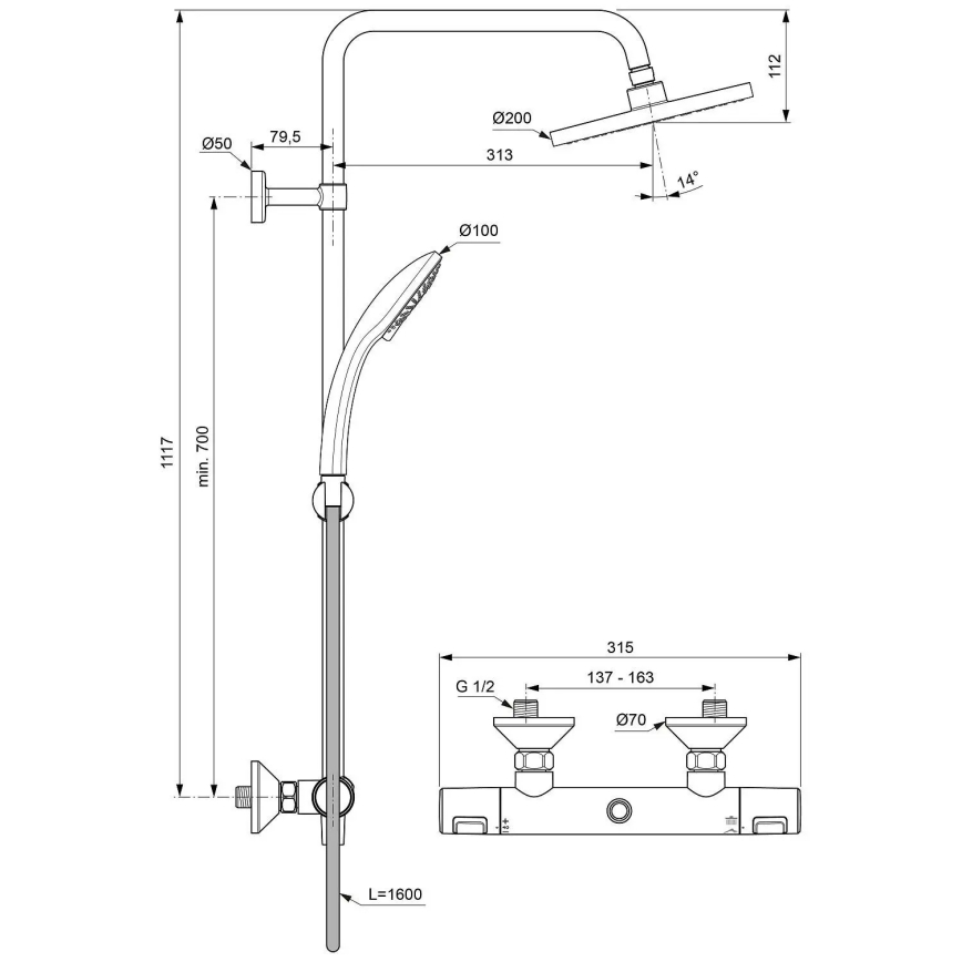 Ideal Standard A7208AA - Doucheset met thermostatische mengkraan CERATHERM T25, glanzend chroom