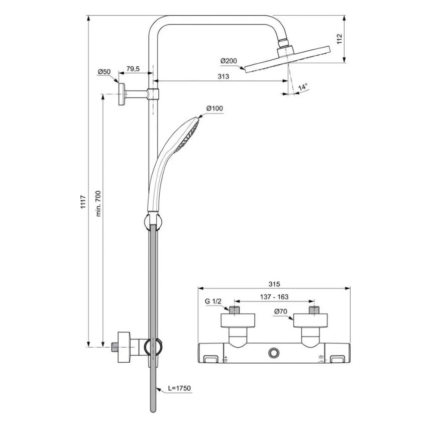 Ideal Standard A7545XG - Doucheset met thermostaatkraan CERATHERM T25 mat zwart