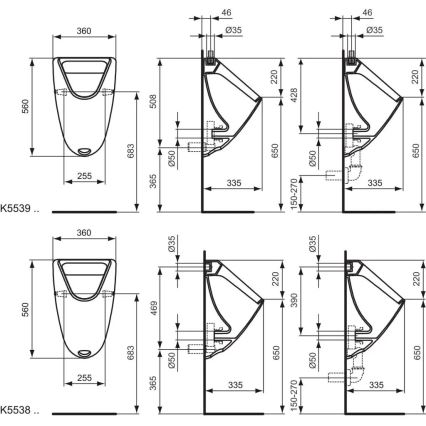 Ideal Standard K553901 - EUROVIT urinoir met bovenaansluiting en achteraansluiting, keramiek/wit