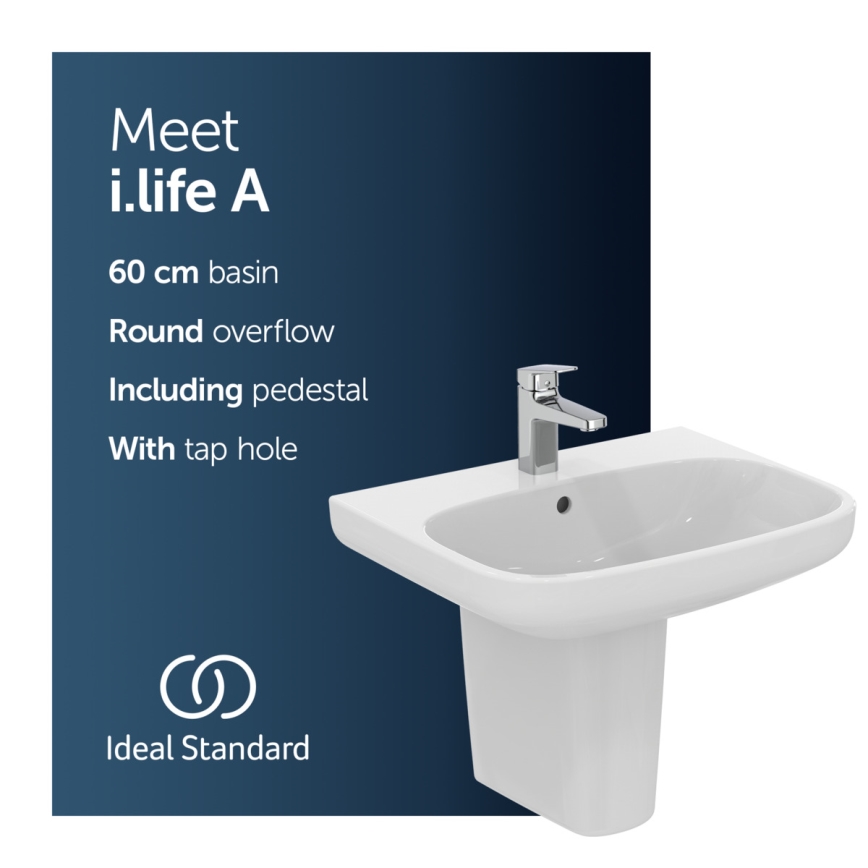 Ideal Standard T470501 - Wandgemonteerde wastafel I.LIFE A 60x48 cm keramiek/wit