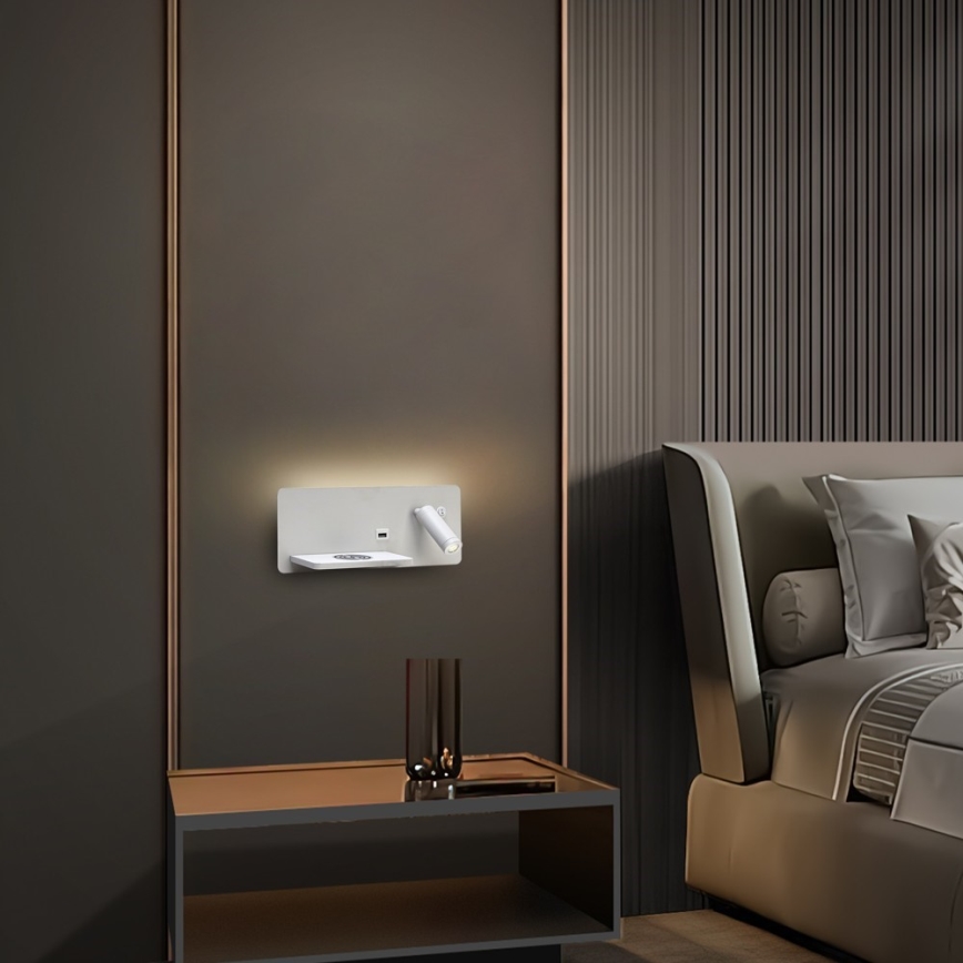 Immax 08286L - LED Wandspot met plank, USB-poort en draadloos opladen Be PREPARE LED/3W/230V + LED/3W wit