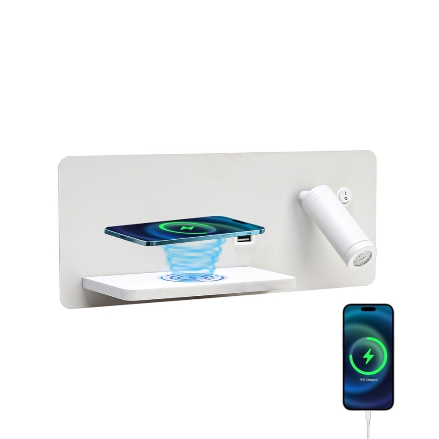 Immax 08286L - LED Wandspot met plank, USB-poort en draadloos opladen Be PREPARE LED/3W/230V + LED/3W wit