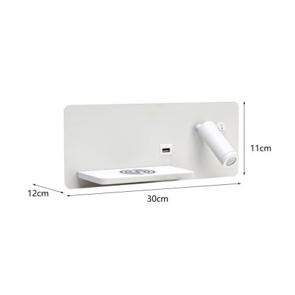 Immax 08286L - LED Wandspot met plank, USB-poort en draadloos opladen Be PREPARE LED/3W/230V + LED/3W wit
