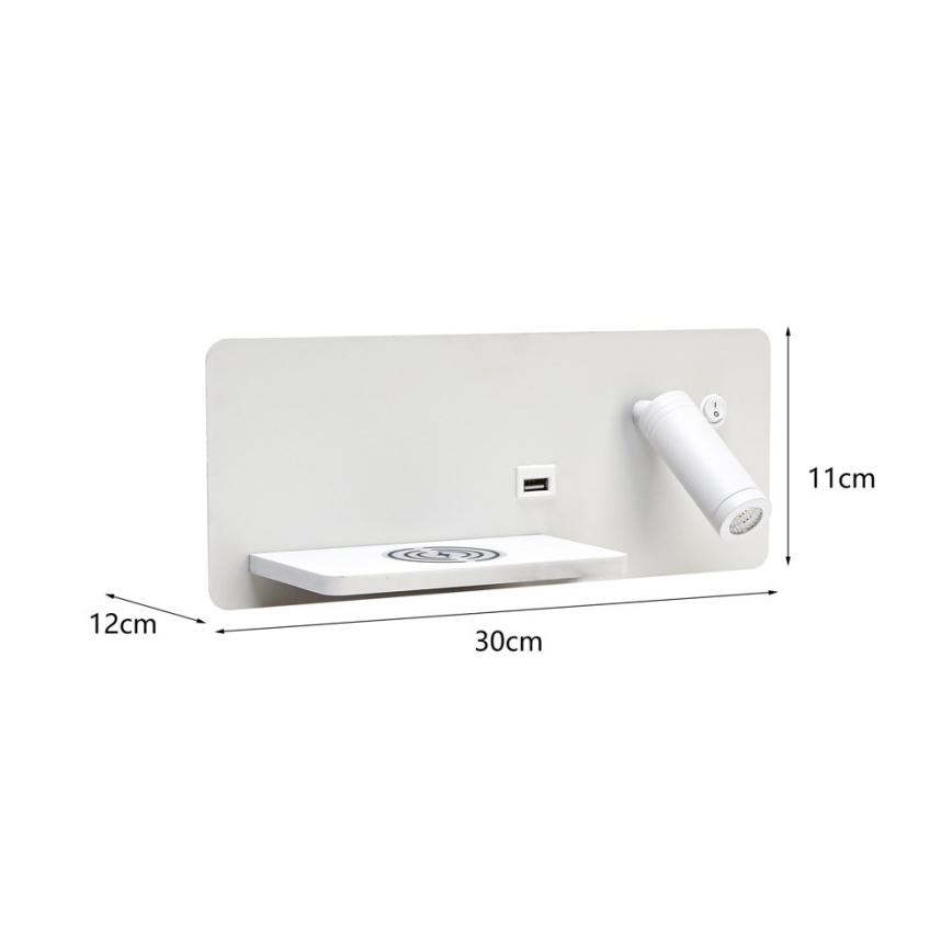 Immax 08286L - LED Wandspot met plank, USB-poort en draadloos opladen Be PREPARE LED/3W/230V + LED/3W wit