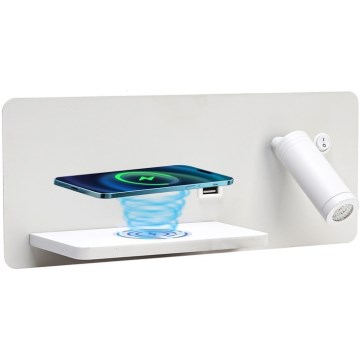Immax 08286L - LED Wandspot met plank, USB-poort en draadloos opladen Be PREPARE LED/3W/230V + LED/3W wit