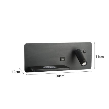 Immax 08288L - LED Wandspot met plank, USB-poort en draadloos opladen Be PREPARE LED/3W/230V + LED/3W zwart