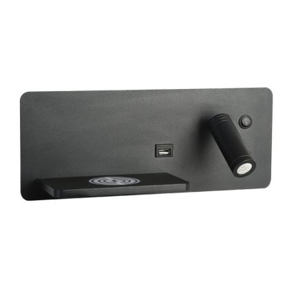 Immax 08288L - LED Wandspot met plank, USB-aansluiting en draadloos opladen Be PREPARE LED/3W/230V + LED/3W zwart