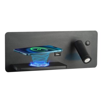 Immax 08288L - LED Wandspot met plank, USB-poort en draadloos opladen Be PREPARE LED/3W/230V + LED/3W zwart