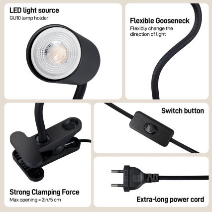 Flexibele klemlamp PUNTO 1xGU10/9W/230V zwart