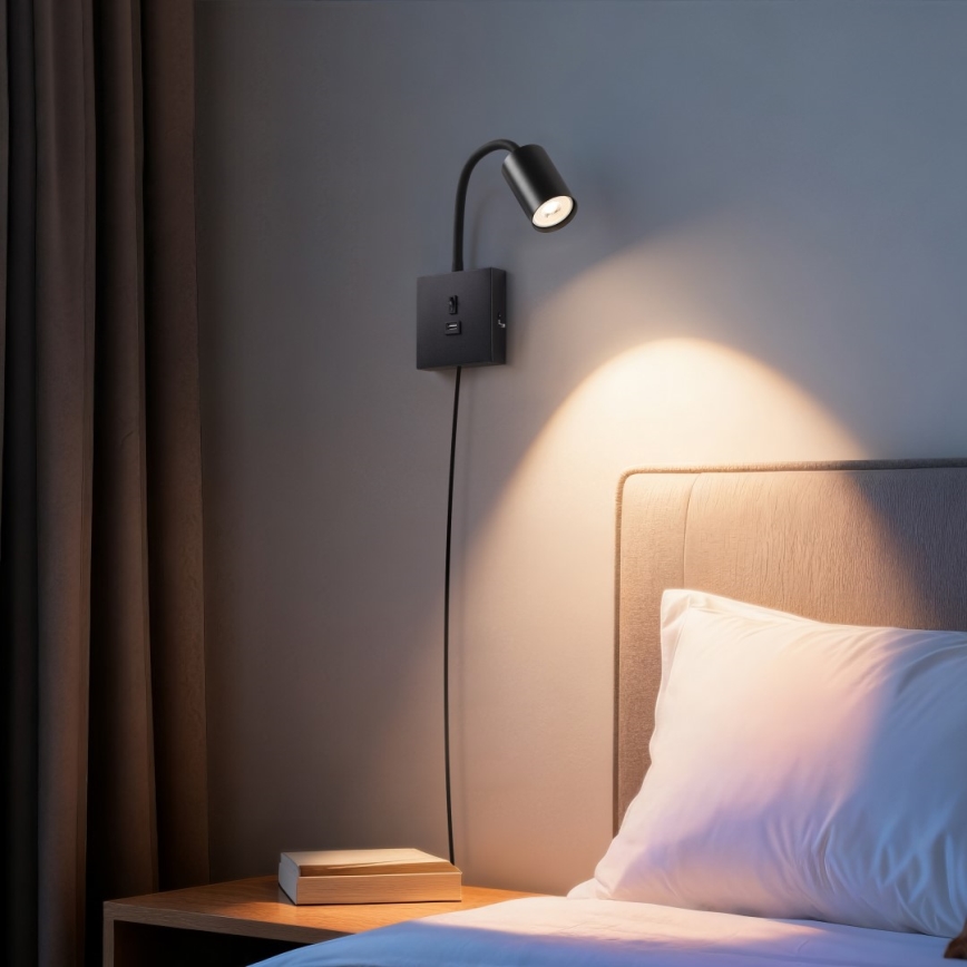 Wandlamp PUNTO met USB, 1xGU10/9W/230V, zwart