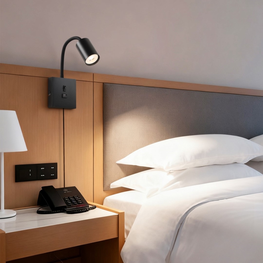 Wandlamp PUNTO met USB, 1xGU10/9W/230V, zwart