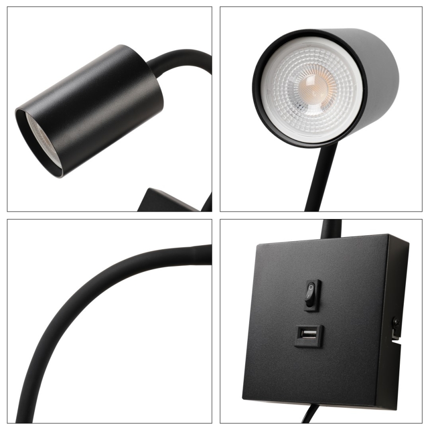 Wandlamp PUNTO met USB, 1xGU10/9W/230V, zwart