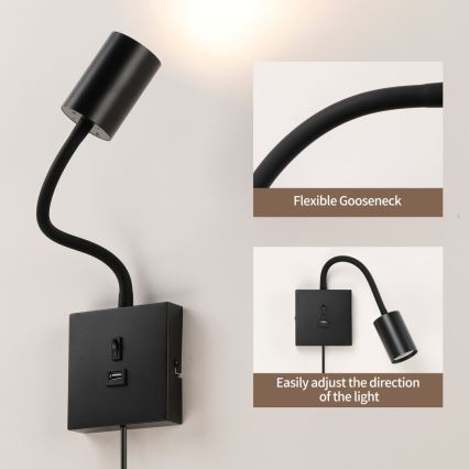 Wandlamp PUNTO met USB, 1xGU10/9W/230V, zwart
