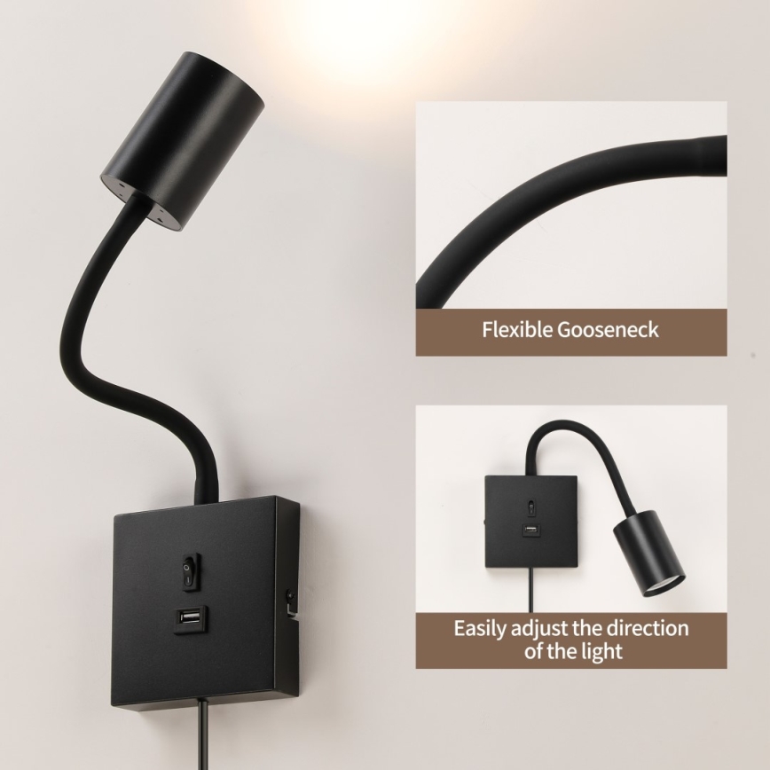 Wandlamp PUNTO met USB, 1xGU10/9W/230V, zwart