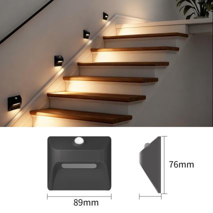 Immax 08307L - LED oplaadbare trapverlichting met bewegings- en schemersensor STEP LIGHT LED/0,3W/3,7V 2200 mAh IP53 zwart