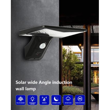 LED Solar wandlamp met sensor LED/2,6W/5,5V IP65 zwart