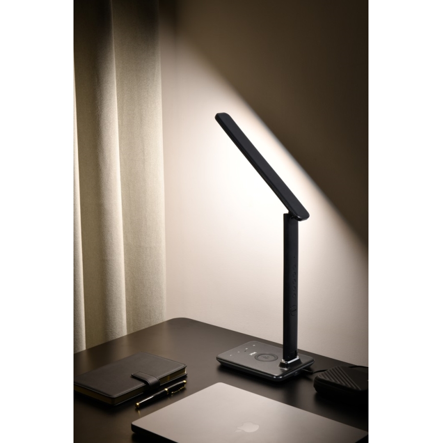 LED dimbare tafellamp met draadloos opladen QI en USB KINGFISHER LED/8,5W/230V zwart