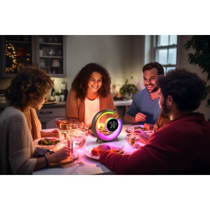 LED RGBW Dimbaar tafellamp met wekker PEACOCK LED/20W/5V USB