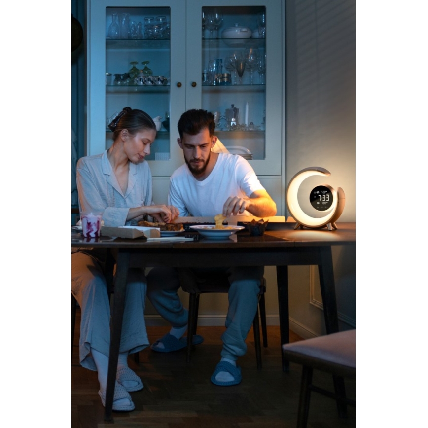 LED RGBW Dimbaar tafellamp met wekker PEACOCK LED/20W/5V USB