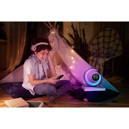 LED RGBW Dimbaar tafellamp met wekker PEACOCK LED/20W/5V USB