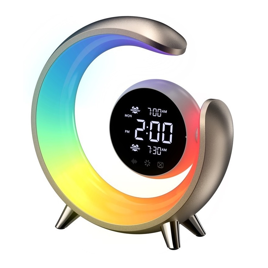 LED RGBW Dimbaar tafellamp met wekker PEACOCK LED/20W/5V USB