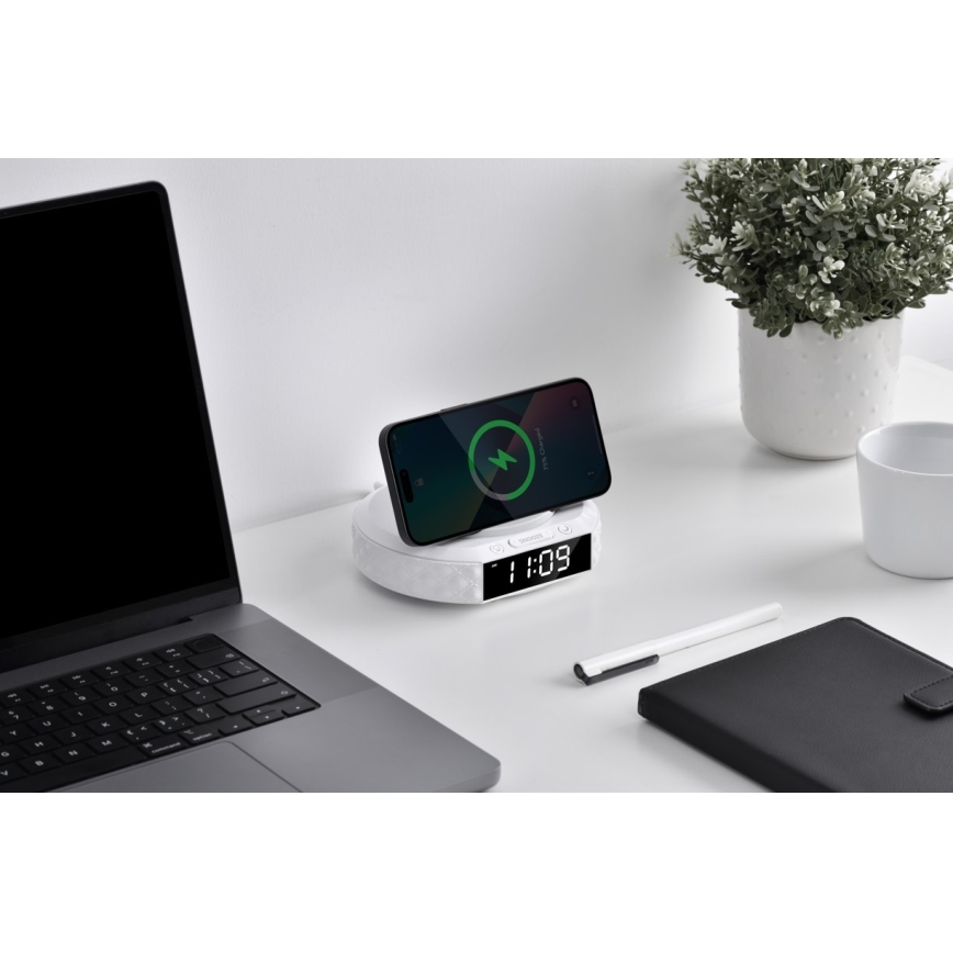 Wekker met LCD scherm en draadloze Qi oplader 27W/9V 220 mAh wit