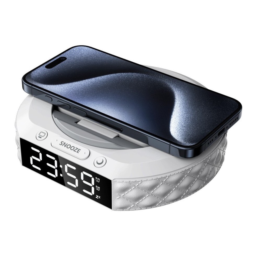 Wekker met LCD scherm en draadloze Qi oplader 27W/9V 220 mAh wit