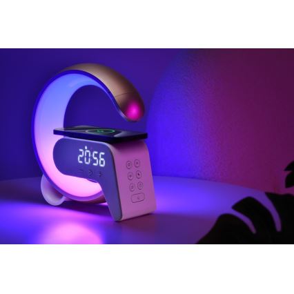 LED RGB Dimbaar tafellamp met wekker en Qi opladen 30W/230V goud