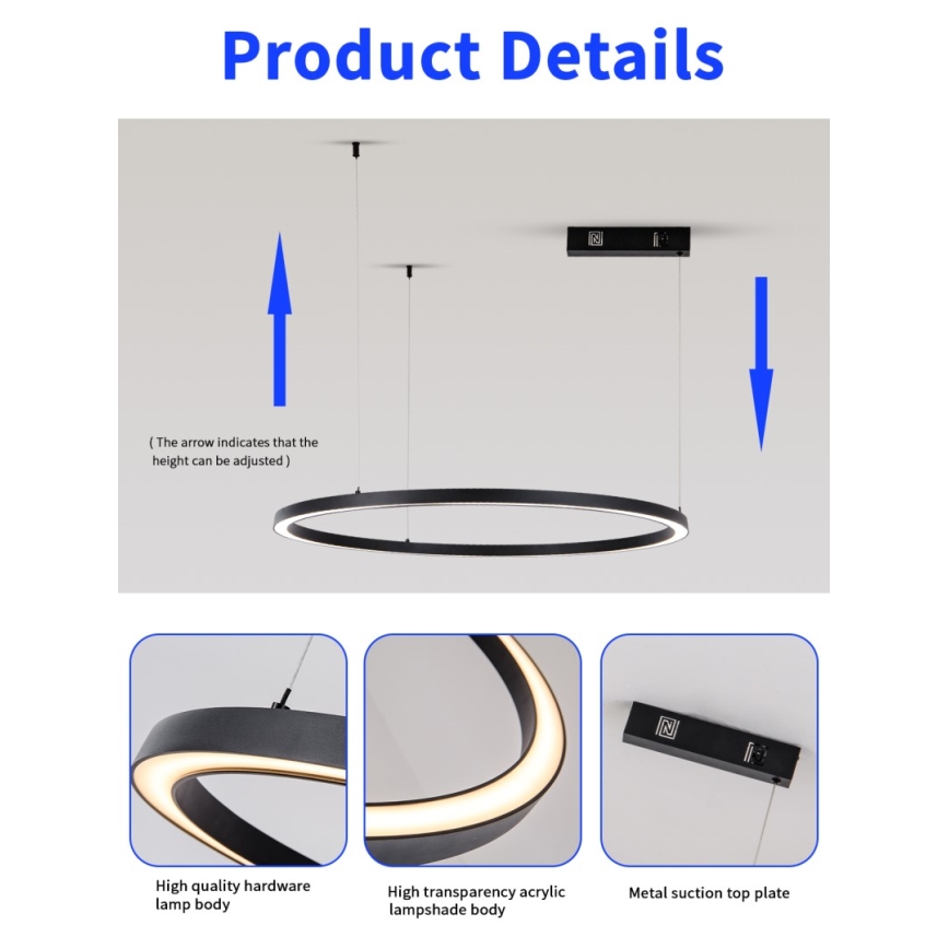 Immax NEO 07215L - Dimbare LED hanglamp aan een koord FINO LED/60W/230V 80 cm zwart Tuya + afstandsbediening