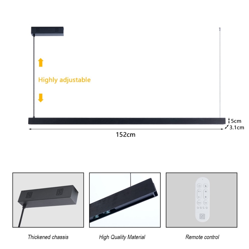 Immax NEO 07307L - Dimbare LED-hanglamp aan kabel MADEIRA LED/33W/230V Wi-Fi Tuya 152 cm zwart + afstandsbediening