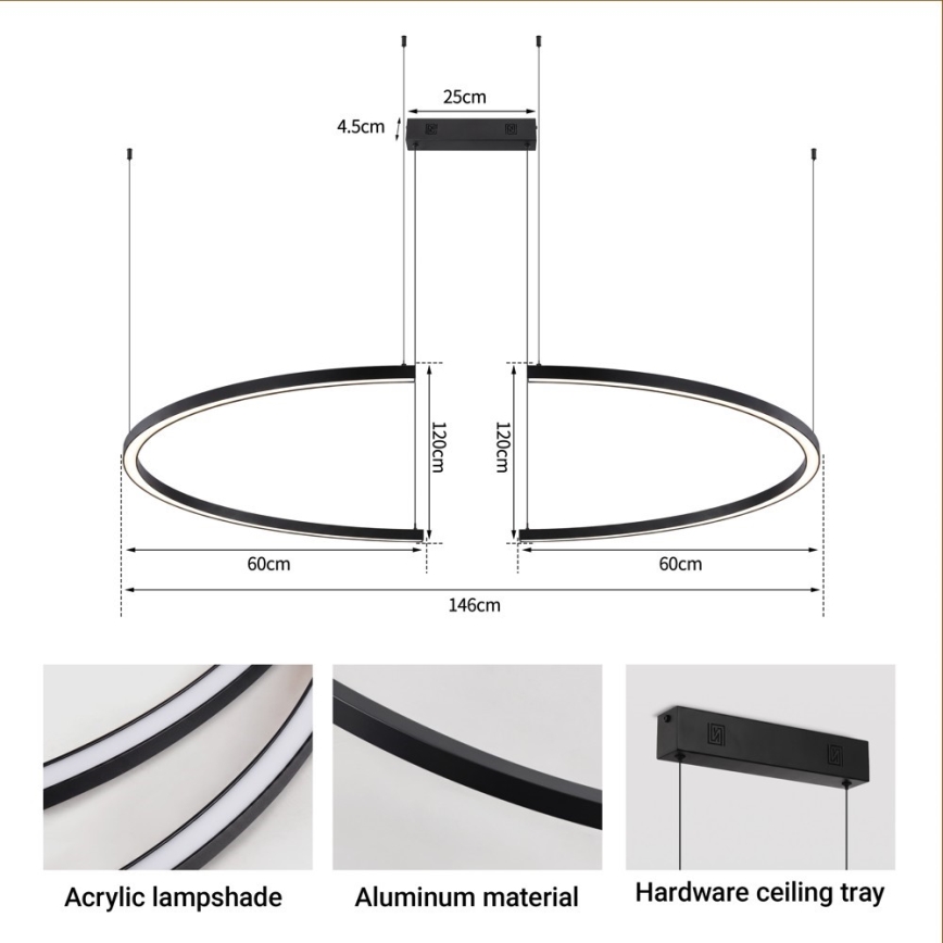 Immax NEO 07329L - LED dimbare pendellamp met kabel FINO LED/72W/230V 120 cm Tuya zwart + afstandsbediening
