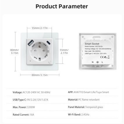 Immax NEO 07544L - Slimme wandcontactdoos (type E) 16A/230V + 1x USB-A + 1x USB-C PD 20W Tuya Wi-Fi